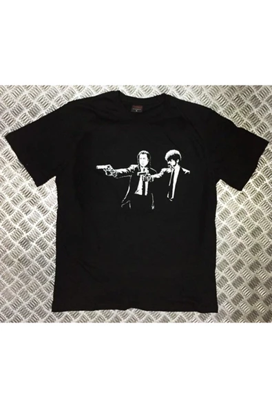fame-stoned Pulp Fiction - Film - Dizi Baskılı Unisex %100 Pamuk Siyah T-shirt ürün görseli 1