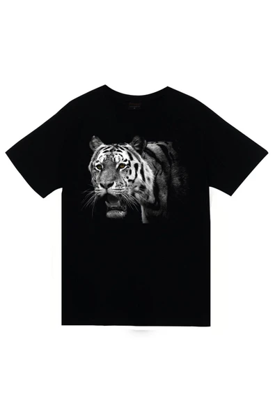 fame-stoned Aslan Kaplan Baskılı Unisex %100 Pamuk Siyah T-shirt ürün görseli 1