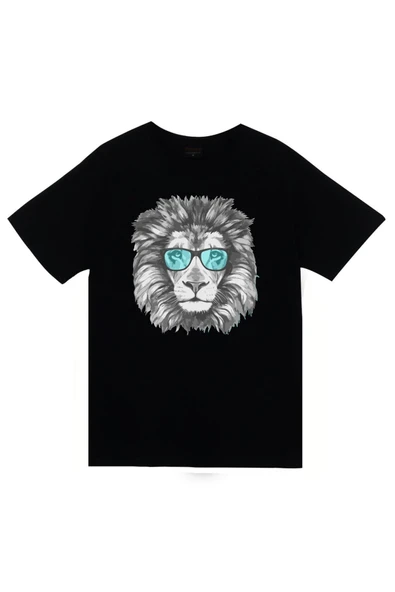 fame-stoned Aslan Baskılı Unisex %100 Pamuk Siyah T-shirt ürün görseli 1