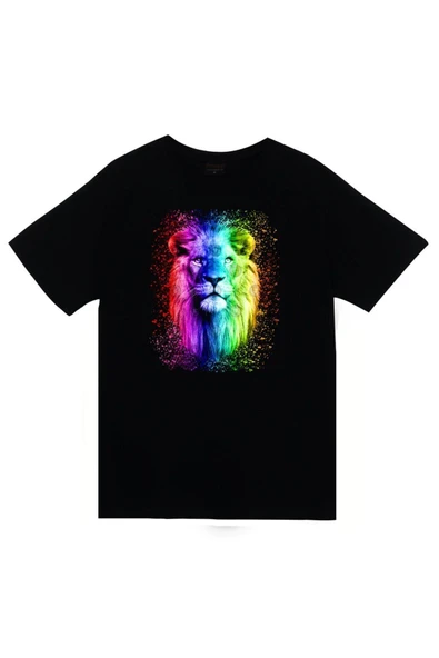 fame-stoned Aslan Baskılı Unisex %100 Pamuk Siyah T-shirt ürün görseli 1