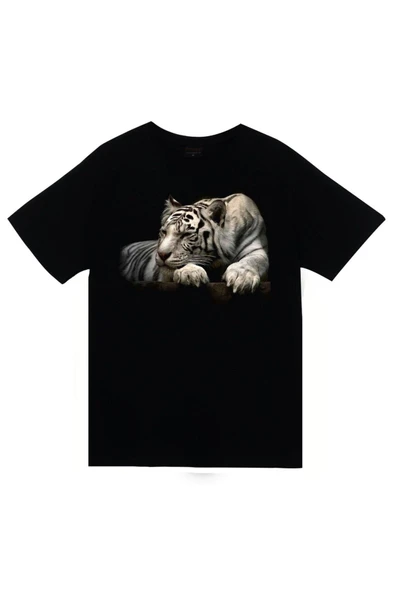 fame-stoned Kaplan Baskılı Unisex %100 Pamuk Siyah T-shirt ürün görseli 1