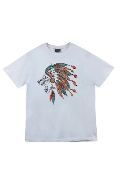 fame-stoned Kızılderili Baskılı Unisex %100 Pamuk Beyaz T-shirt ürün görseli 1