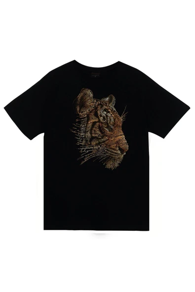 fame-stoned Kaplan Baskılı Unisex %100 Pamuk Siyah T-shirt ürün görseli 1