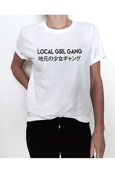 fame-stoned Local Girl Gang Baskılı Unisex %100 Pamuk Beyaz T-shirt ürün görseli 1