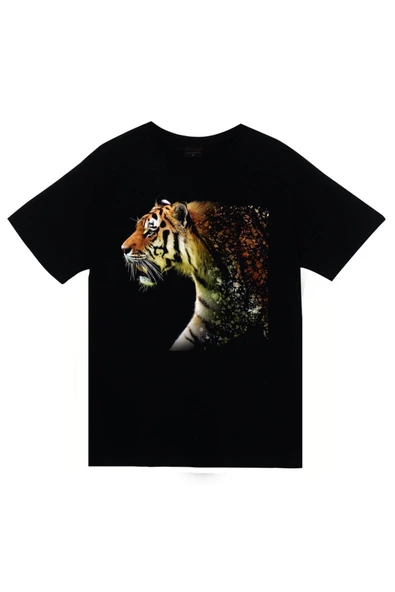 fame-stoned Aslan Kaplan Baskılı Unisex %100 Pamuk Siyah T-shirt ürün görseli 1