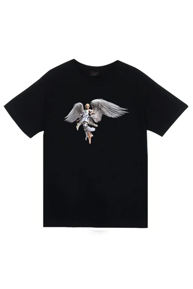 fame-stoned Unisex Siyah Melek Baskılı T-shirt ürün görseli 1
