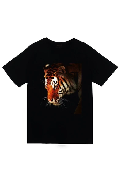 fame-stoned Aslan Kaplan Baskılı Unisex %100 Pamuk Siyah T-shirt ürün görseli 1