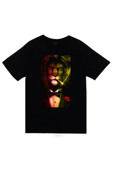 fame-stoned Unisex Siyah Aslan Smokin Baskılı T-shirt ürün görseli 1