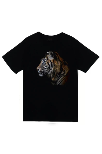 fame-stoned Kaplan Baskılı Unisex %100 Pamuk Siyah T-shirt ürün görseli 1