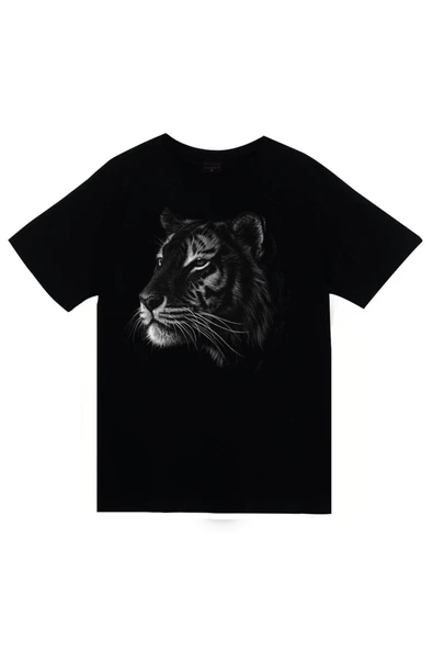 fame-stoned Kaplan Baskılı Unisex %100 Pamuk Siyah T-shirt ürün görseli 1