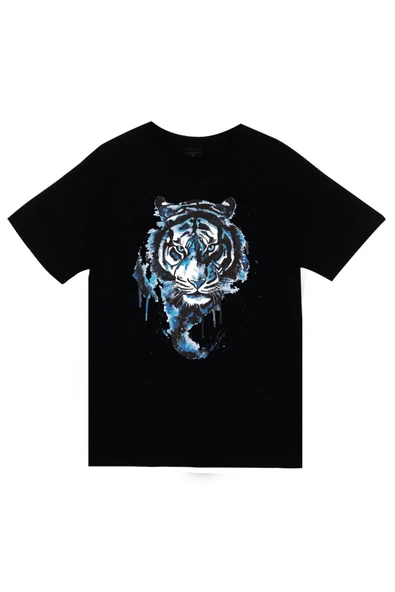 fame-stoned Kaplan Baskılı Unisex %100 Pamuk Siyah T-shirt ürün görseli 1