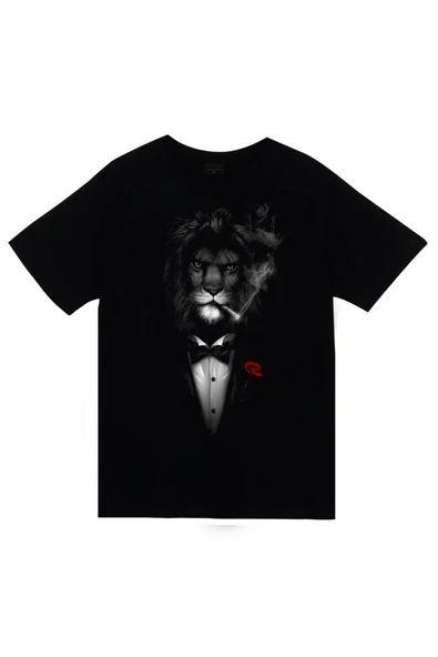 fame-stoned Unisex Siyah Aslan Smokin Baskılı T-shirt ürün görseli 1