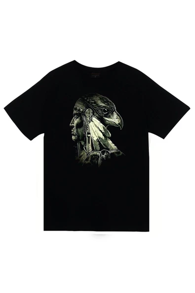 fame-stoned Kızılderili Baskılı Unisex %100 Pamuk Siyah T-shirt ürün görseli 1