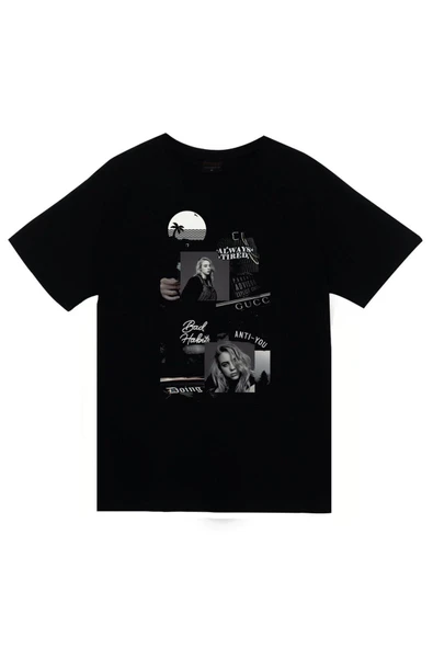 fame-stoned Billie Eilish Baskılı Unisex %100 Pamuk Siyah T-shirt ürün görseli 1