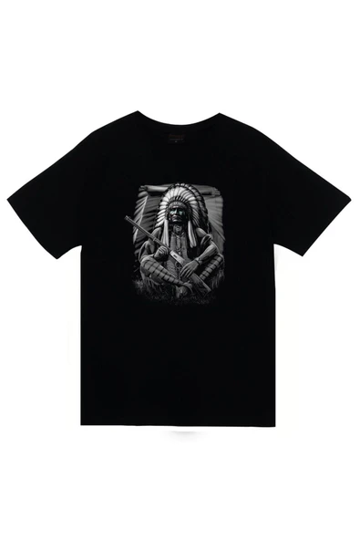 fame-stoned Kızılderili Baskılı Unisex %100 Pamuk Siyah T-shirt ürün görseli 1