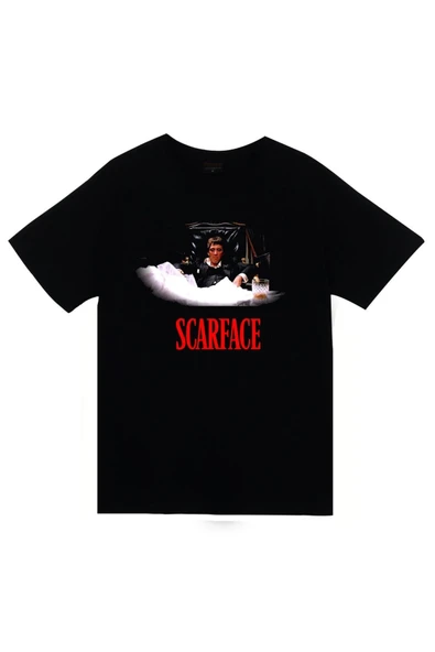 fame-stoned Scarface Tony Montana Baskılı Unisex %100 Pamuk Siyah T-shirt ürün görseli 1