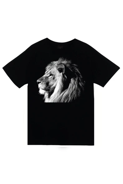 fame-stoned Aslan Baskılı Unisex %100 Pamuk Siyah T-shirt ürün görseli 1
