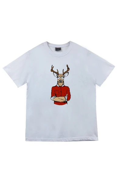 fame-stoned Unisex Beyaz Geyik Adam Baskılı T-shirt ürün görseli 1