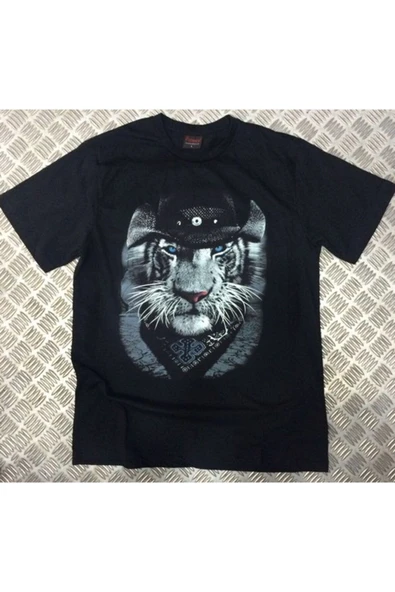 fame-stoned Aslan Kaplan Baskılı Unisex %100 Pamuk Siyah T-shirt ürün görseli 1