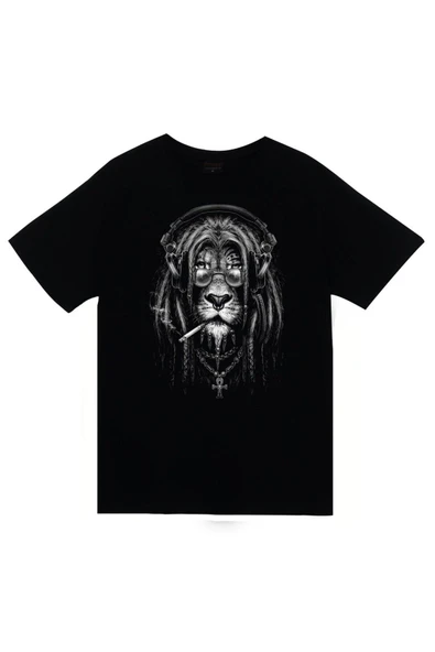 fame-stoned Aslan Baskılı Unisex %100 Pamuk Siyah T-shirt ürün görseli 1