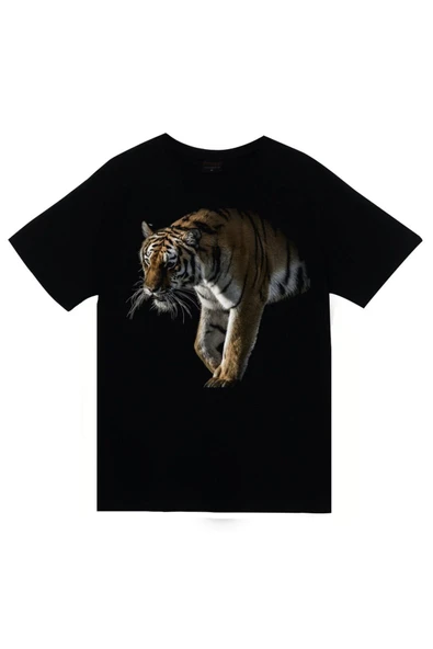 fame-stoned Aslan, Hayvan Baskılı Unisex %100 Pamuk Siyah T-shirt ürün görseli 1