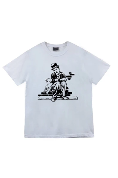 fame-stoned Charlie Chaplin Baskılı Unisex %100 Pamuk Beyaz T-shirt ürün görseli 1