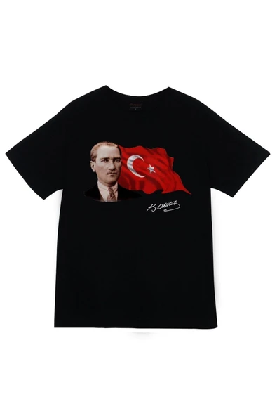 fame-stoned Gazi Mustafa Kemal Atatürk Baskılı Unisex %100 Pamuk Siyah T-shirt ürün görseli 1