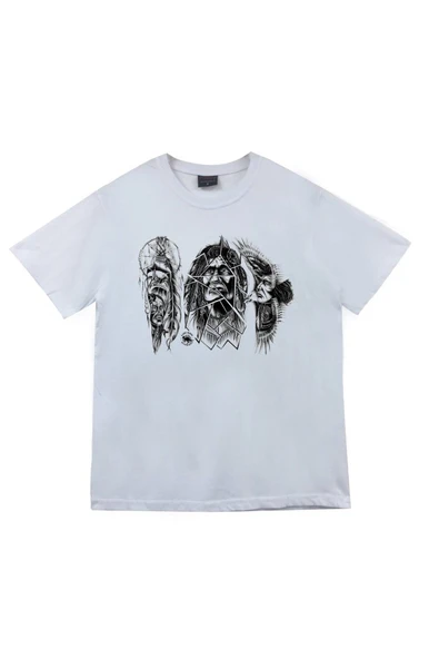 fame-stoned Kızılderili Baskılı Unisex %100 Pamuk Beyaz T-shirt ürün görseli 1