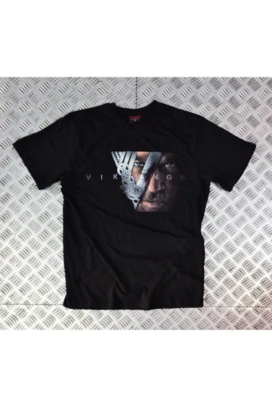 fame-stoned Vikings Baskılı Unisex %100 Pamuk Siyah T-shirt ürün görseli 1