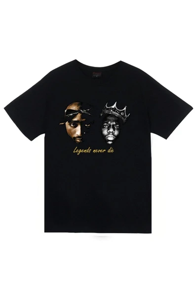 fame-stoned Tupac Shakur Biggie Baskılı Unisex Siyah %100 Pamuk T-shirt ürün görseli 1