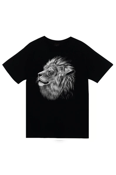 fame-stoned Aslan, Hayvan Baskılı Unisex %100 Pamuk Siyah T-shirt ürün görseli 1