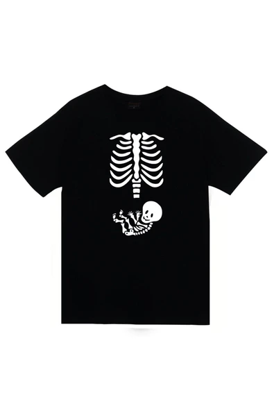 fame-stoned Unisex Siyah İskelet Rib Cage Kurukafa Baskılı T-shirt ürün görseli 1