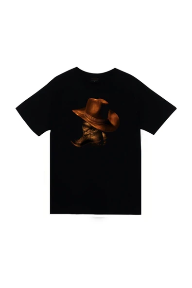 fame-stoned Unisex Siyah Kovboy Baskılı T-shirt ürün görseli 1