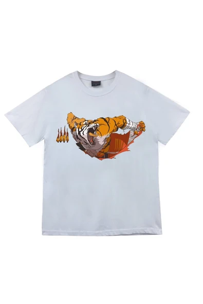 fame-stoned Kaplan Baskılı Unisex %100 Pamuk Beyaz T-shirt ürün görseli 1