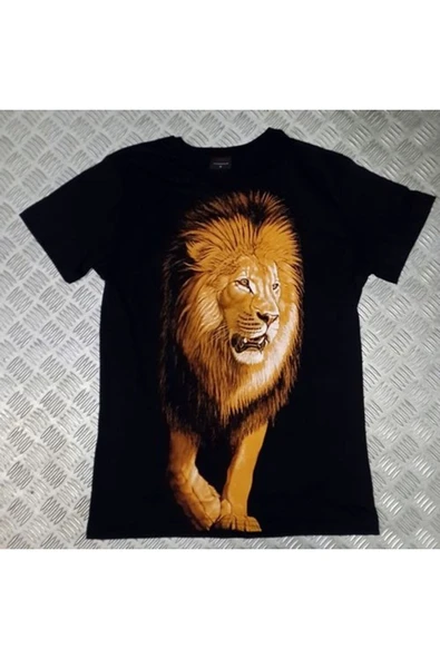 fame-stoned Aslan Baskılı Unisex %100 Pamuk Siyah T-shirt ürün görseli 1