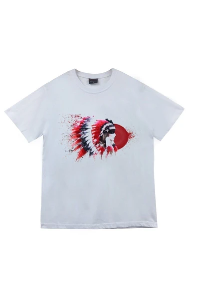 fame-stoned Kızılderili Baskılı Unisex %100 Pamuk Beyaz T-shirt ürün görseli 1