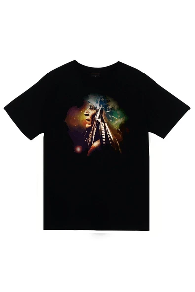 fame-stoned Kızılderili Baskılı Unisex %100 Pamuk Siyah T-shirt ürün görseli 1