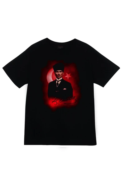 fame-stoned Gazi Mustafa Kemal Atatürk Baskılı Unisex %100 Pamuk Siyah T-shirt ürün görseli 1