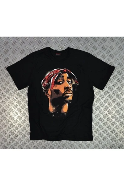 fame-stoned Tupac Baskılı Unisex %100 Pamuk Siyah T-shirt ürün görseli 1