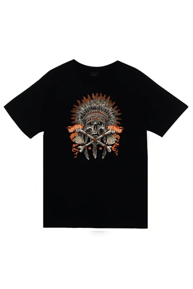 fame-stoned Kızılderili Baskılı Unisex %100 Pamuk Siyah T-shirt ürün görseli 1