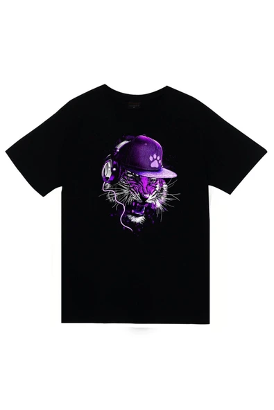 fame-stoned Aslan, Hayvan Baskılı Unisex %100 Pamuk Siyah T-shirt ürün görseli 1