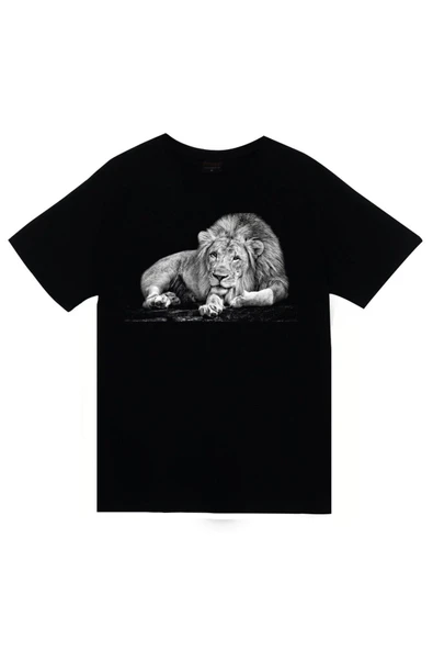fame-stoned Aslan Baskılı Unisex %100 Pamuk Siyah T-shirt ürün görseli 1