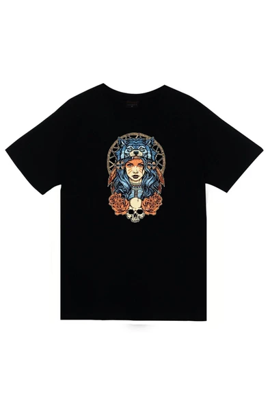 fame-stoned Kızılderili Baskılı Unisex %100 Pamuk Siyah T-shirt ürün görseli 1