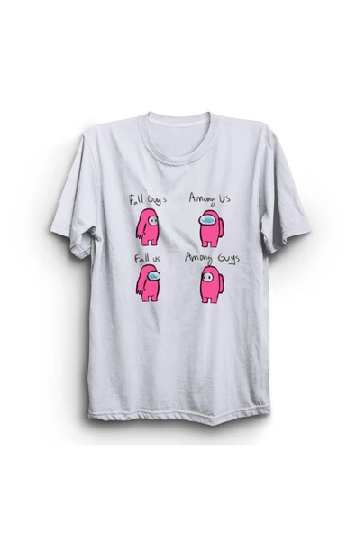 fame-stoned Fall Guys, Among Us, Oyun Baskılı Unisex %100 Pamuk Beyaz T-shirt ürün görseli 1
