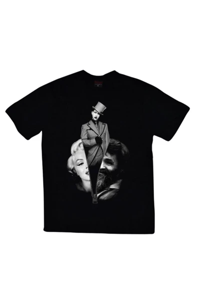 fame-stoned Marilyn Manson Baskılı Unisex %100 Pamuk Siyah T-shirt ürün görseli 1