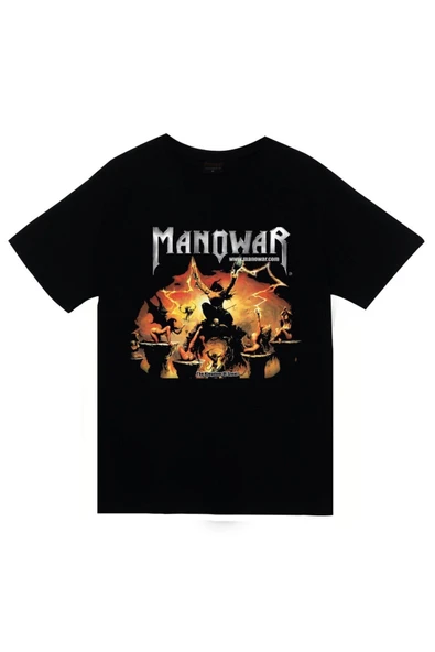 fame-stoned Manowar Baskılı Unisex %100 Pamuk Siyah T-shirt ürün görseli 1