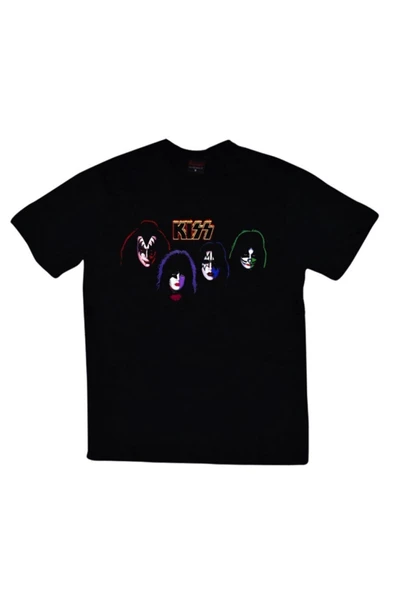 fame-stoned Kiss Baskılı Unisex %100 Pamuk Siyah T-shirt ürün görseli 1