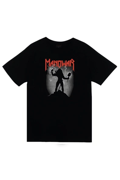 fame-stoned Manowar Baskılı Unisex %100 Pamuk Siyah T-shirt ürün görseli 1