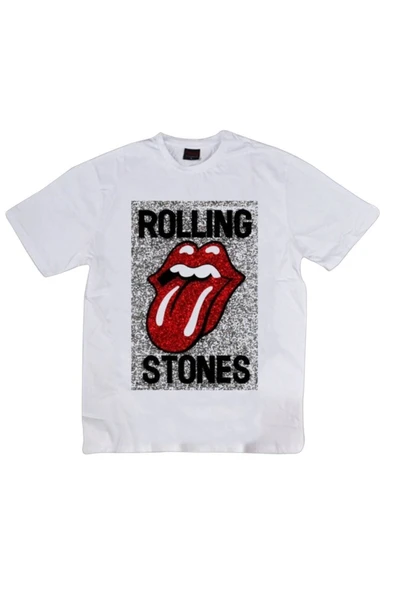 fame-stoned  The Rolling Stones Baskılı Unisex %100 Pamuk Beyaz T-shirt ürün görseli 1