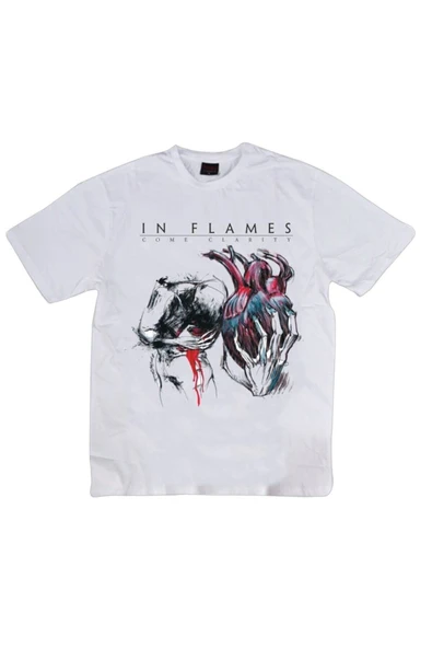 fame-stoned  In Flames Baskılı Unisex %100 Pamuk Beyaz T-shirt ürün görseli 1